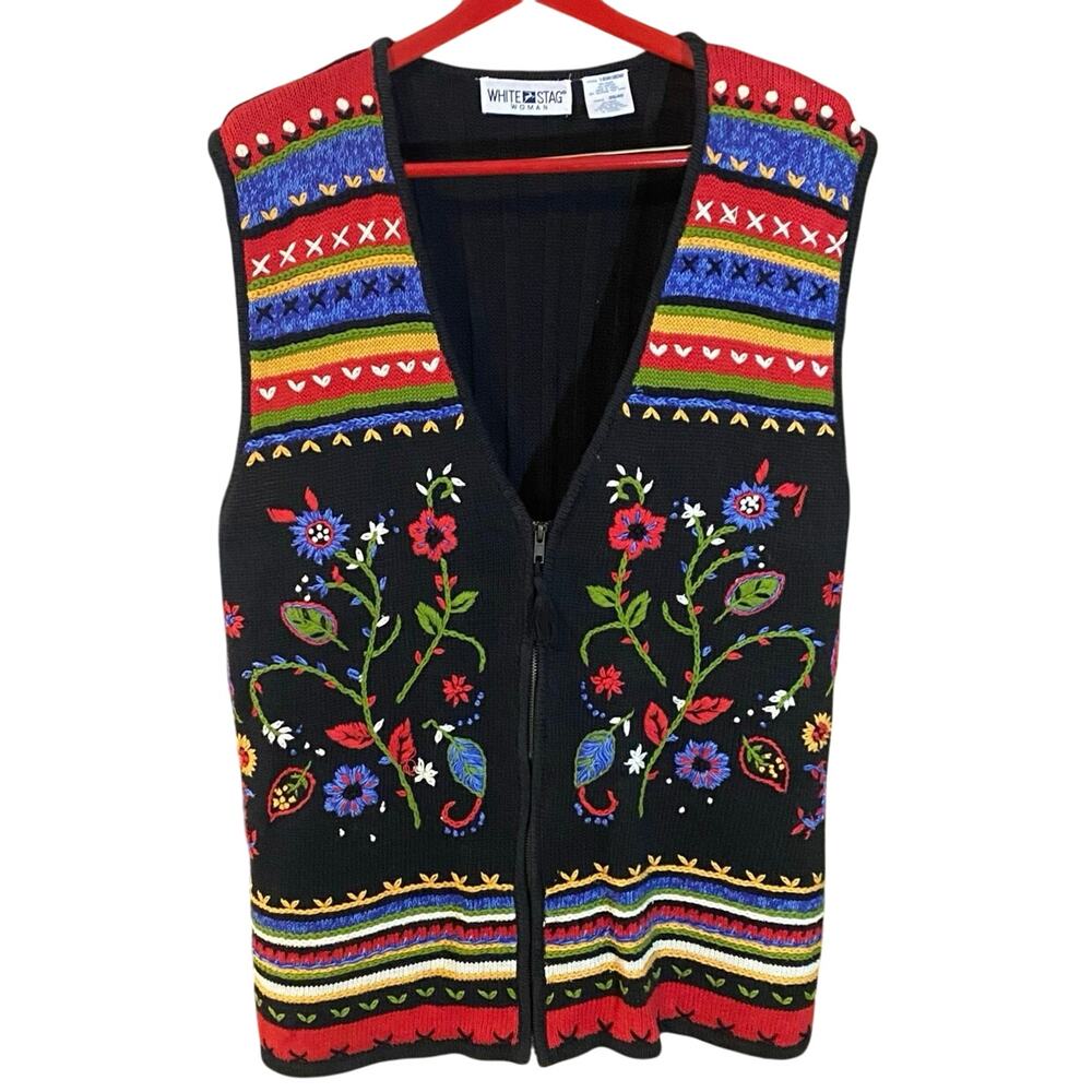 White Stag Embroidered Knit Zip Vest 18W/20W Folk Art Floral Ramie Cotton artsy
